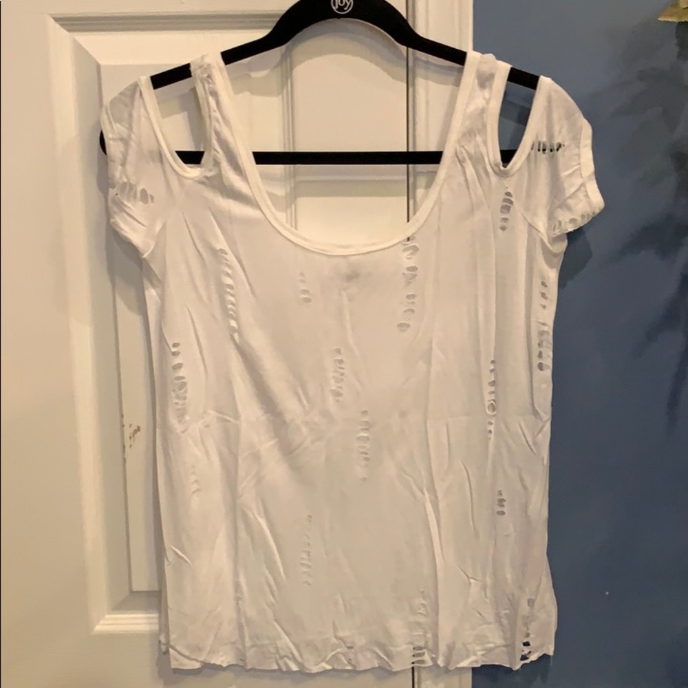 Bailey 44 white open shoulder distressed top